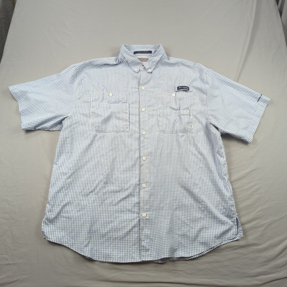 Columbia PFG Shirt Mens Extra Large‎ Blue Tattersall Plaid Super Tamiami Fishing